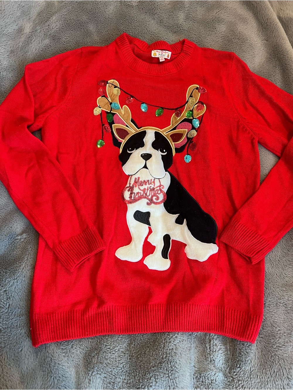 Poof Women’s L Red Christmas Dog Knit Pullover Sweater Long Sleeve Crew Neck